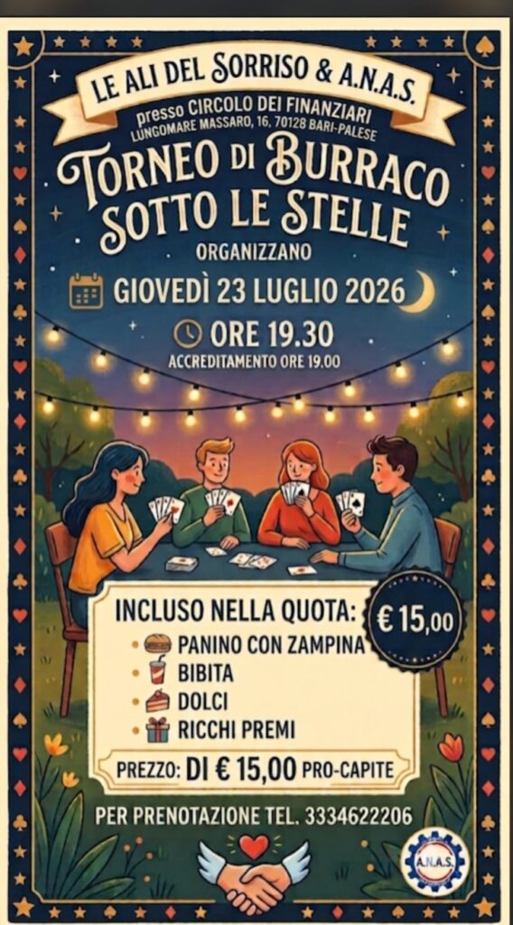Burraco sotto le stelle: a Palese una serata di gioco, mare e solidarietà